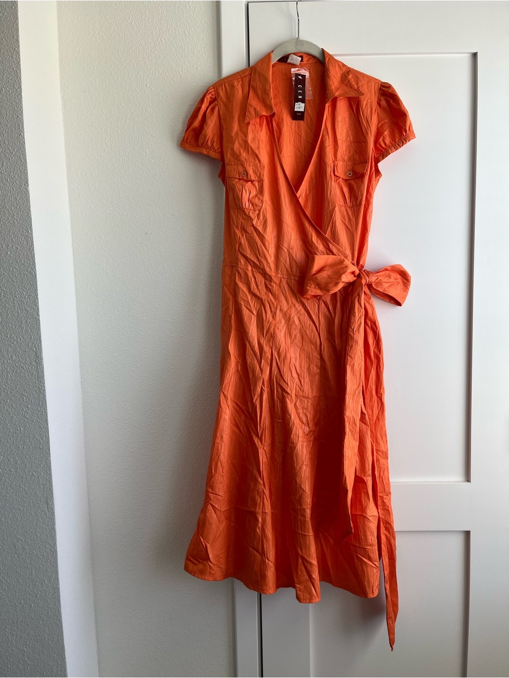 Orange Wrap Midi Dress with Tie Waist